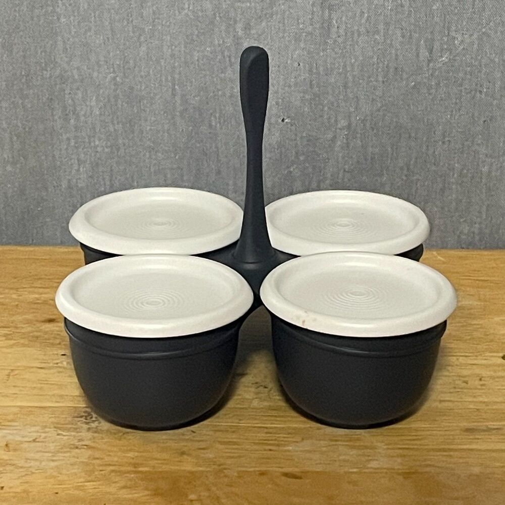 Vintage Tupperware Condiment Server Set 4 Bowl Relish Tray w Lids Black White